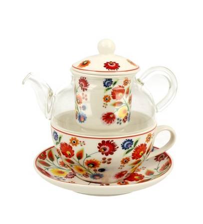 Duo Etno Łowicz – porcelanowy zestaw do herbaty z zaparzaczem w regionalne wzory